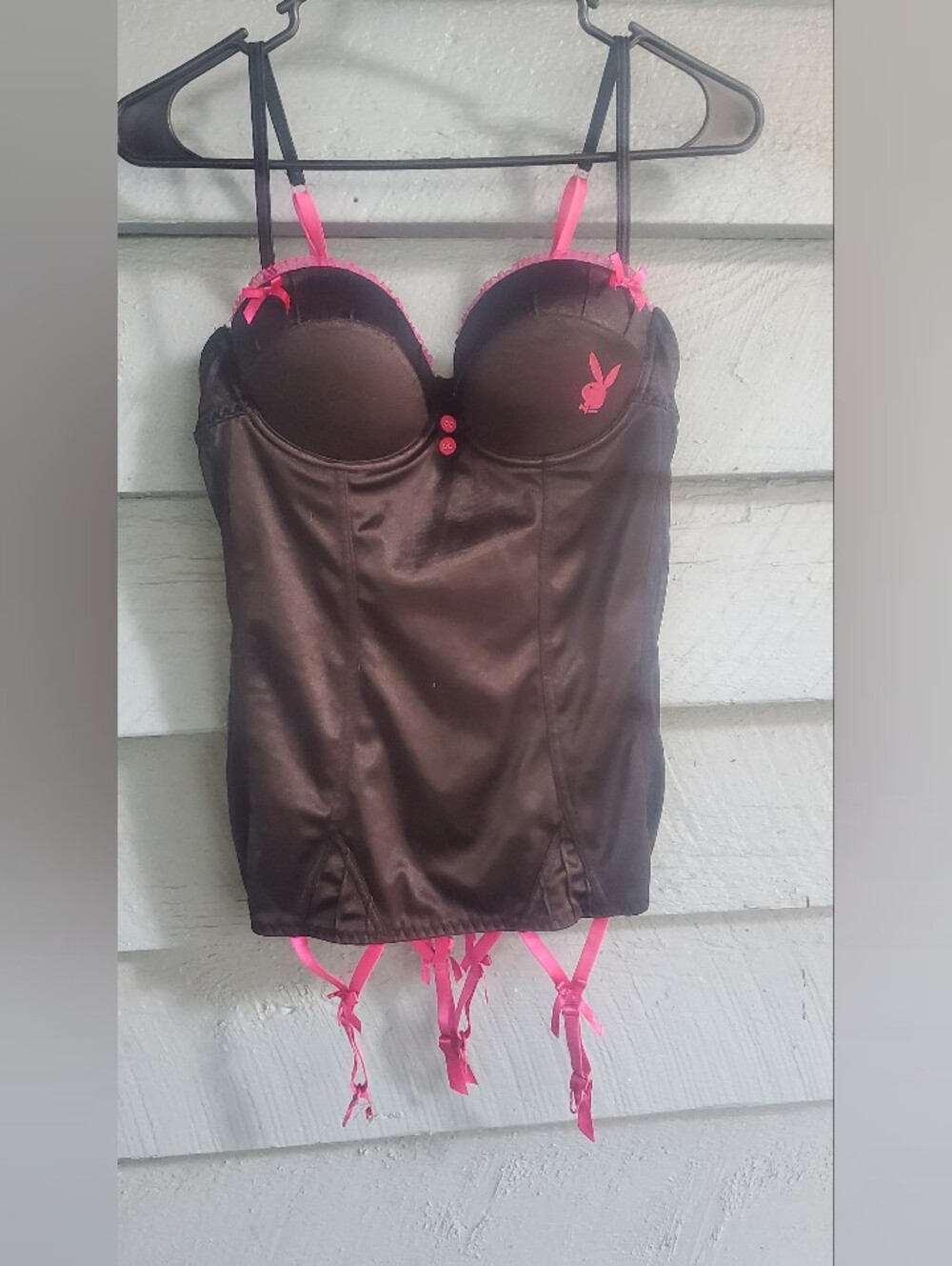 Playboy Black Satin Bustier with Pink Garter Clips